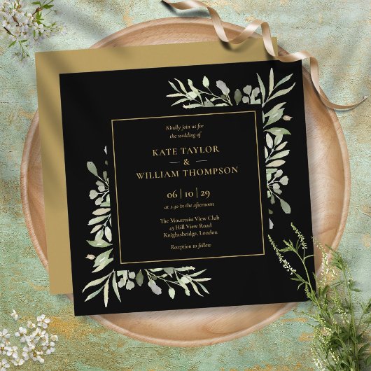 Botanische bruiloft tussen zwarte en goudgroene br kaart
