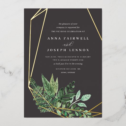 Botanische bruiloft van de groene geometrische Wat Folie Uitnodiging (Voorkant)