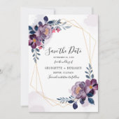 Botanische bruiloft van het Paarse  Floral Script Save The Date (Voorkant)