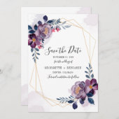 Botanische bruiloft van het Paarse  Floral Script Save The Date (Voorkant / Achterkant)