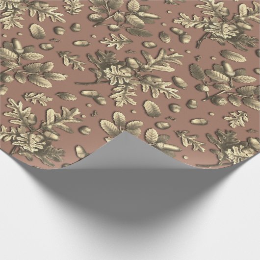 Botanische bruin eikenbladeren eikels cadeaupapier (Hoek)