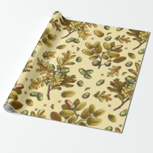 Botanische  Bruine Crème Eikenbladeren Eikels Cadeaupapier (Uitgerold)
