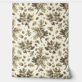 Botanische bruine eikenbladeren eikels beige behang