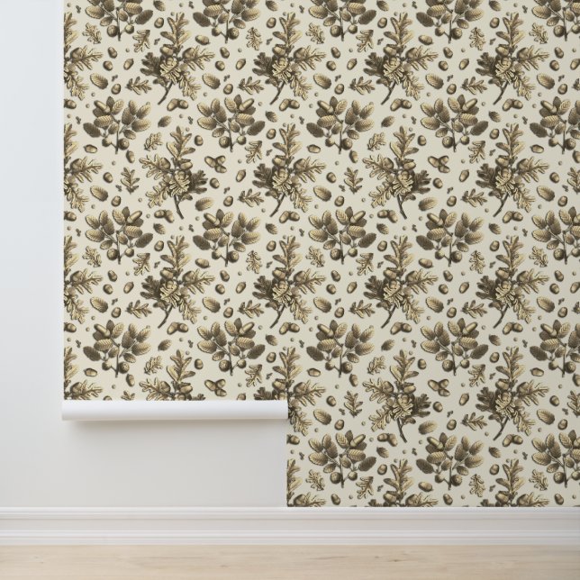 Botanische  bruine eikenbladeren eikels beige behang (Applicatie)