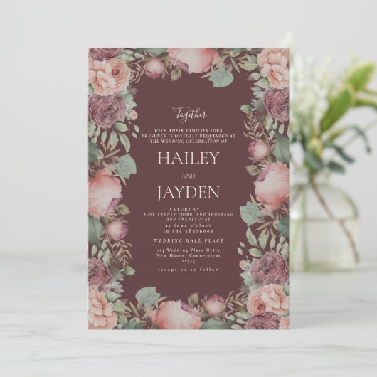 Botanische bruine roze mintgroene pioenens trouw kaart (Staand voorkant)