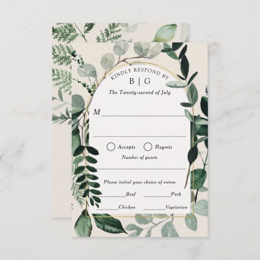 Botanische buitenbruiloft, beige Greenery RSVP-aut RSVP Kaartje (Voorkant / Achterkant)