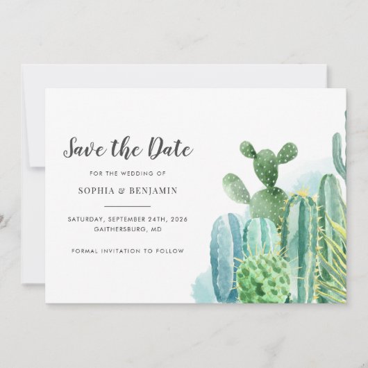 Botanische Cacti Waterverf Succulent Weddenschap Save The Date (Voorkant)