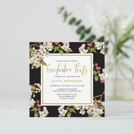 Botanische Cherry Blossom Afstuderen Invitation Kaart (Staand voorkant)