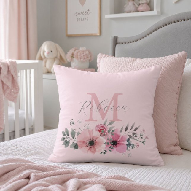 Botanische chic blozende roze waterverf bloem  kussen (Botanical chic blush pink watercolor floral throw pillow)