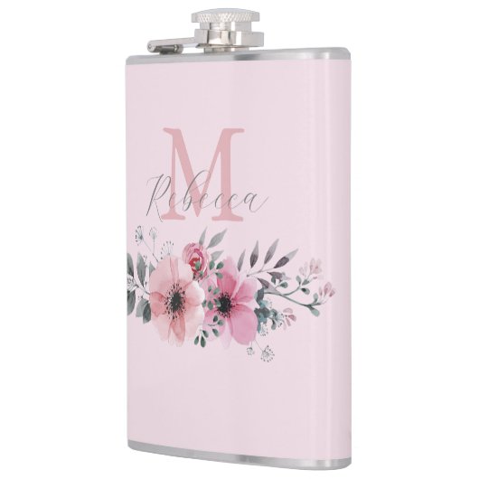 Botanische chic roze waterverf bloem heupfles (Links)