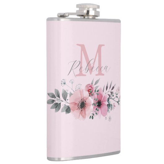 Botanische chic roze waterverf bloem heupfles (Rechts)