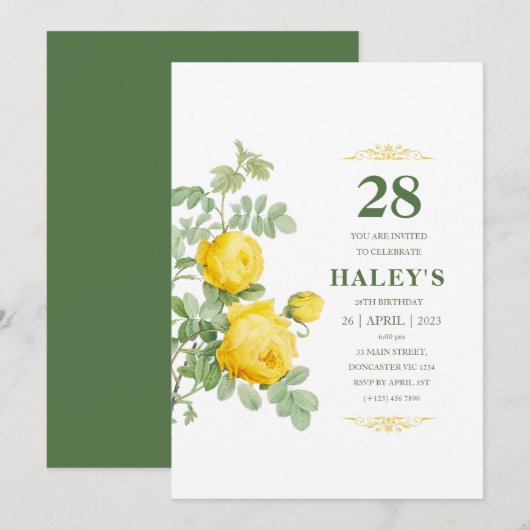 Botanische Chic Yellow & Green Floral 28th Birthda Kaart (Voorkant / Achterkant)