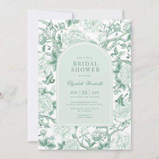 Botanische Chinoiserie Sage Groen Vrijgezellenfees Kaart (Voorkant)