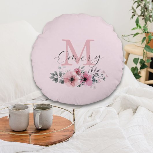 Botanische chique roze waterverf floraal monogram rond kussen