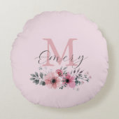 Botanische chique roze waterverf floraal monogram rond kussen (Voorkant)