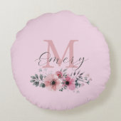 Botanische chique roze waterverf floraal monogram rond kussen (Achterkant)