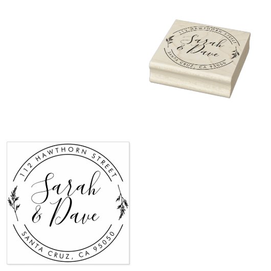 Botanische Circular Wedding Script Return-adres Rubberstempel (Gestempeld)