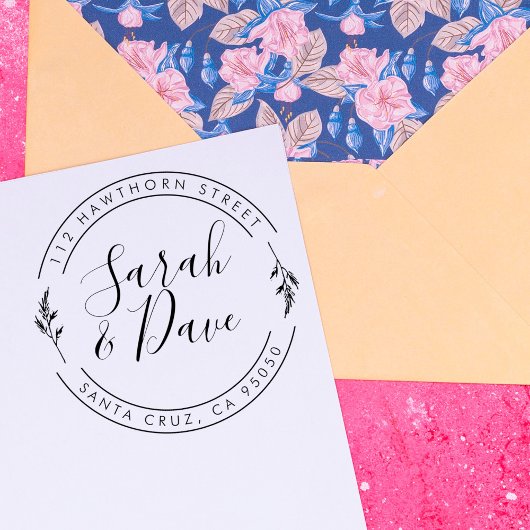 Botanische Circular Wedding Script Return-adres Rubberstempel