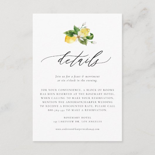 Botanische citroen en groen bruiloft details informatiekaartje (Voorkant)