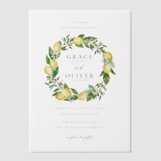 Botanische citroen en groen krans tuin bruiloft vellum uitnodigingen (Voorkant)