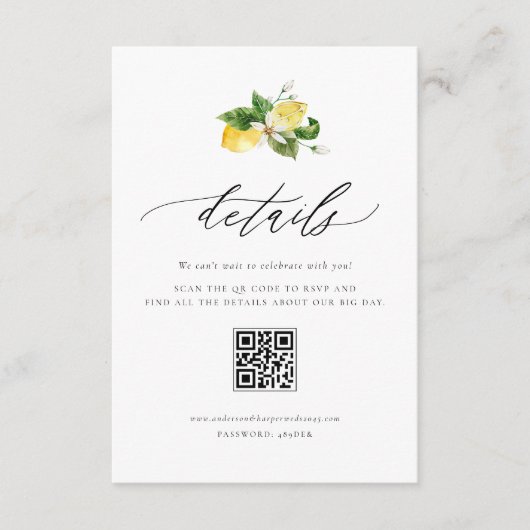 Botanische citroen en groen QR Code Details Informatiekaartje (Voorkant)