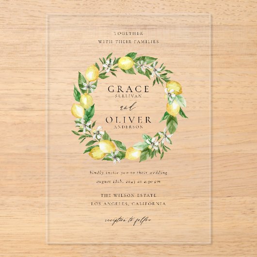Botanische citroen en groen zomer krans bruiloft acryl uitnodigingen (Voorkant)