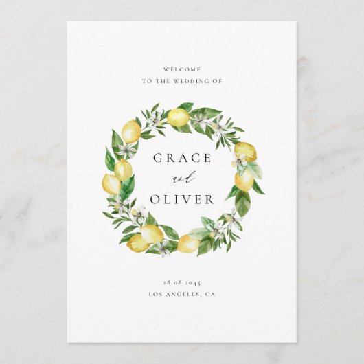 Botanische citroen en groene krans zomer bruiloft programmakaart (Voorkant)