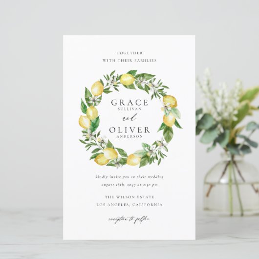 Botanische citroen krans tuin bruiloft uitnodiging (Staand voorkant)