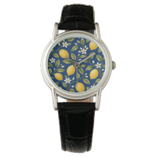 Botanische citroenbloesem marineblauwe horloge