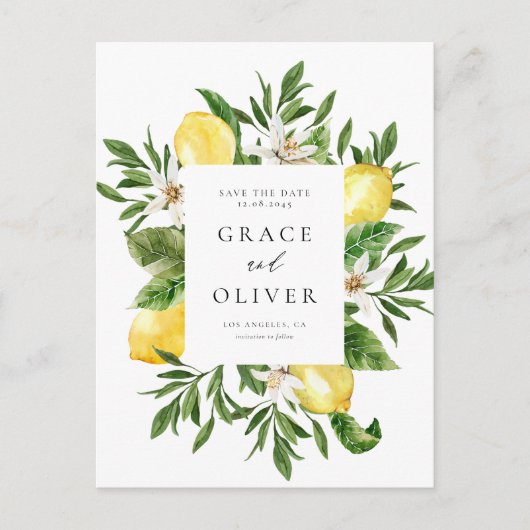 Botanische citroenbloesems QR-code Bewaar de datum Briefkaart (Voorkant)