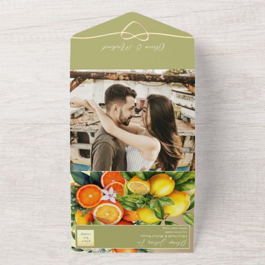 Botanische Citrus bruiloft All In One Uitnodiging (Buitenkant)