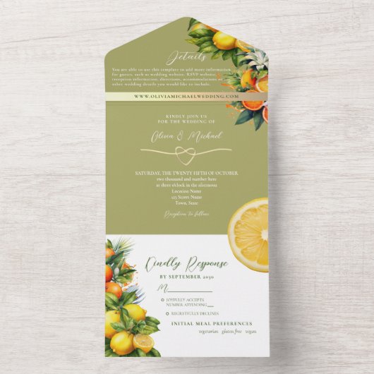 Botanische Citrus bruiloft All In One Uitnodiging (Binnen)