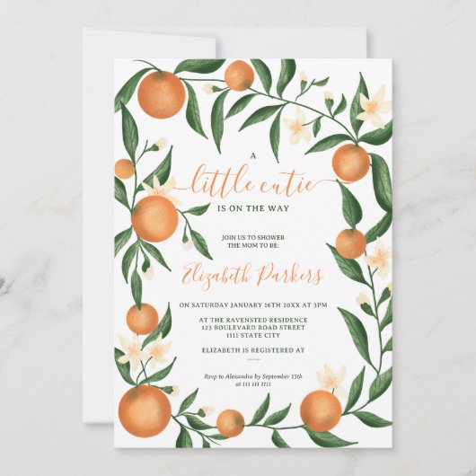 Botanische citrusvruchten oranje baby shower met k kaart (Voorkant)