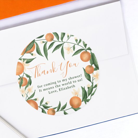 Botanische citrusvruchten oranje baby shower met k ronde sticker
