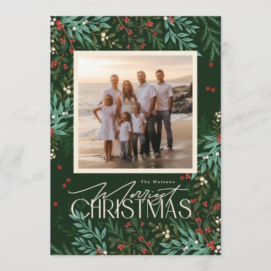 Botanische Classic Elegance Kerst Groene Foto Feestdagenkaart (Voorkant)