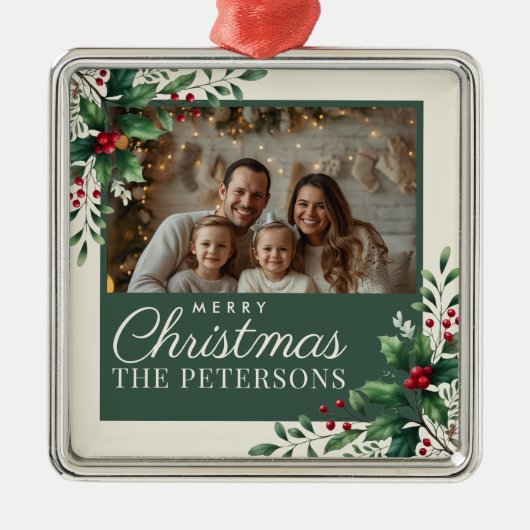Botanische Crème Aangepaste Foto Kerstbal Metalen Ornament (Voorkant)