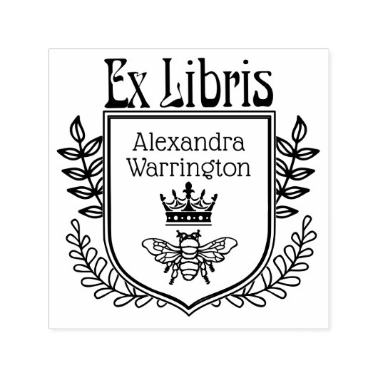 Botanische Crest Bee met Crown Ex Libris Boeknaam Zelfinktende Stempel (Design)