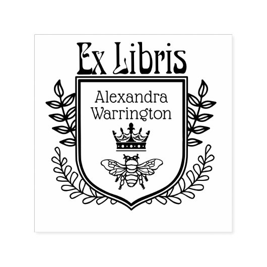 Botanische Crest Bee met Crown Ex Libris Boeknaam Zelfinktende Stempel (Design)