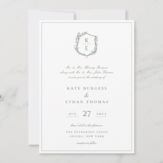 Botanische Crest Monogram Sage Green Wedding Kaart (Voorkant)