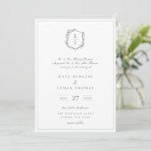 Botanische Crest Monogram Sage Green Wedding Kaart (Staand voorkant)