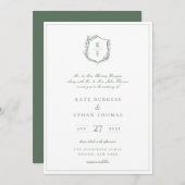 Botanische Crest Monogram Sage Green Wedding Kaart (Voorkant / Achterkant)