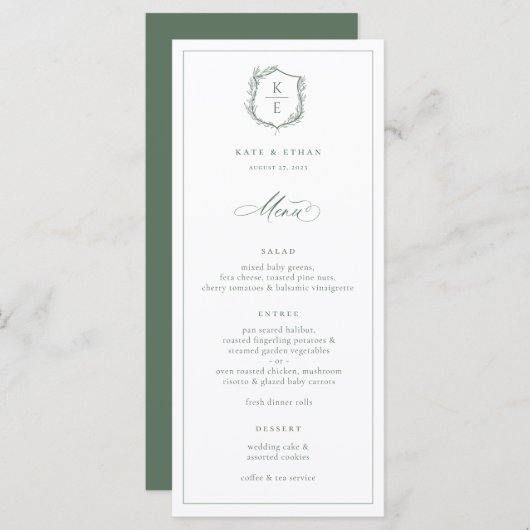 Botanische Crest Monogram Sage Weddenschap Menu (Voorkant / Achterkant)