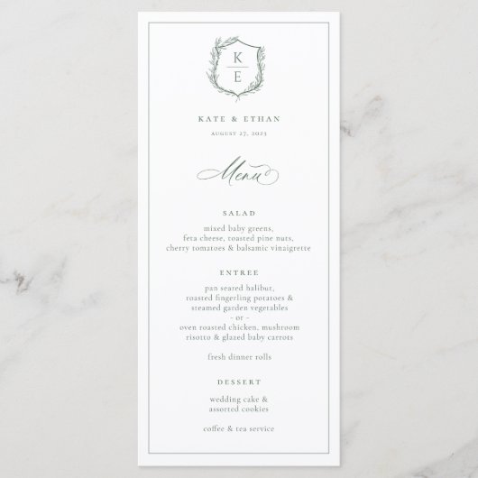 Botanische Crest Monogram Sage Weddenschap Menu (Voorkant)