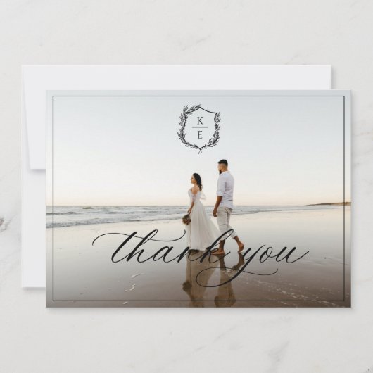 Botanische Crest Monogram Weddenfoto Bedankkaart (Voorkant)