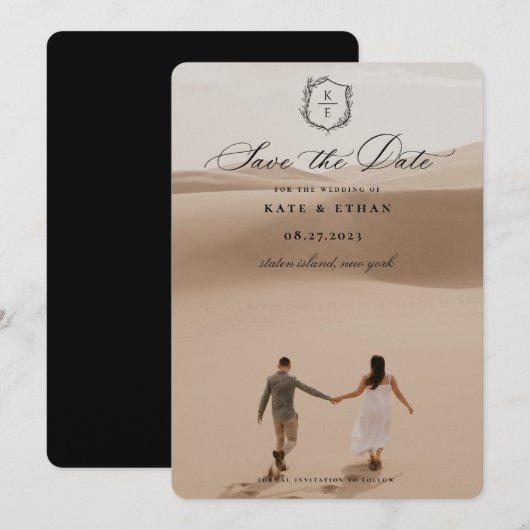 Botanische Crest Monogram Weddenfoto Save The Date (Voorkant / Achterkant)