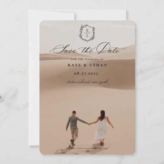 Botanische Crest Monogram Weddenfoto Save The Date (Voorkant)