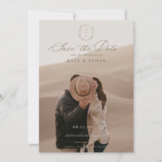 Botanische Crest Monogram Weddenfoto Save The Date (Voorkant)