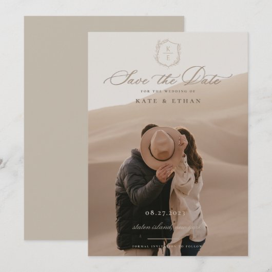 Botanische Crest Monogram Weddenfoto Save The Date (Voorkant / Achterkant)