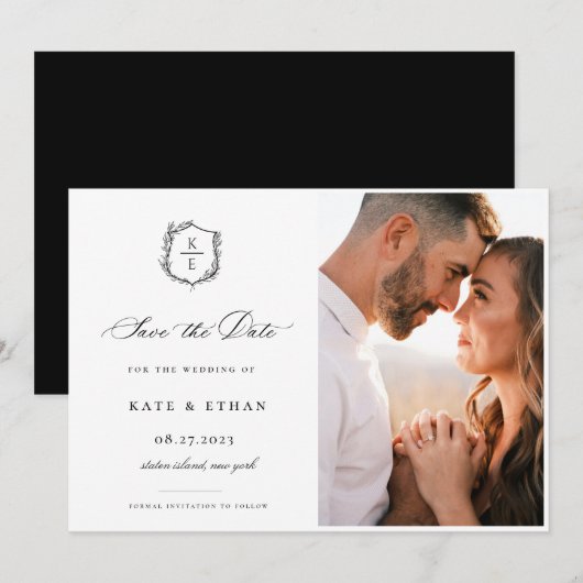 Botanische Crest Monogram Weddenfoto Save The Date (Voorkant / Achterkant)