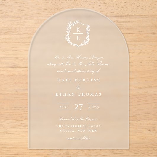 Botanische Crest Monogram Weddenschap Acryl Uitnodigingen (Voorkant)